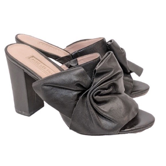 Avec Les Filles Marie Bow Block-Heel Slides black leather A story told size 10.5 - Picture 1 of 14